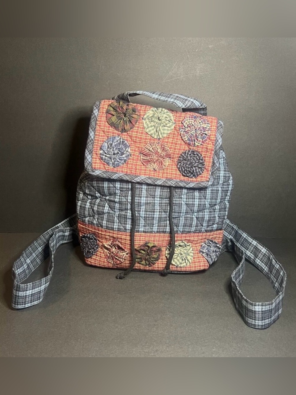 Irene's Quilts Handcrafted Blue & Red Quilted Fabric Applique Backpack Bag 12"